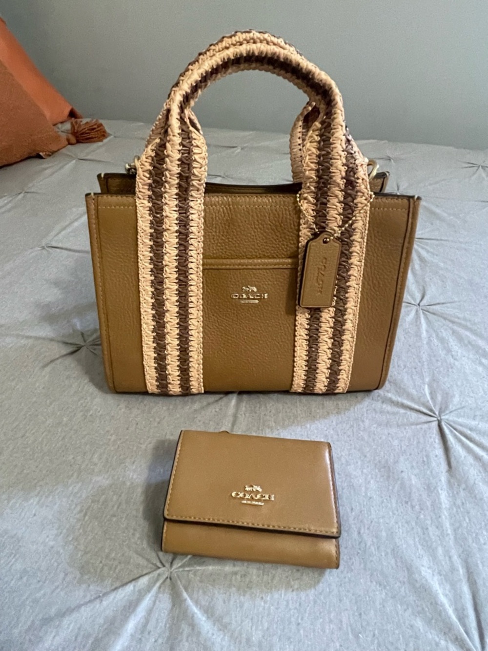 COACH Tan Leather Satchel with Striped Woven Handles